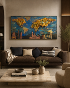 Golden World Skylines 100% Hand Painted Wall Painting (With Golden Outer Floater Frame frame) (27.5x55 Inches)