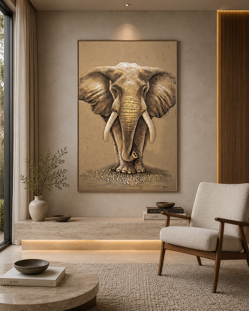 Tusks of Elephant Tranquility Hand painting painting for home Wall (With Outer Floater Frame) (59x39 Inches)