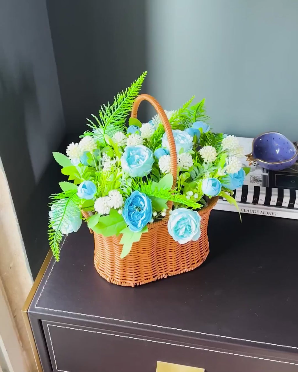 Blushing Artificial Blue Rose Flower Basket