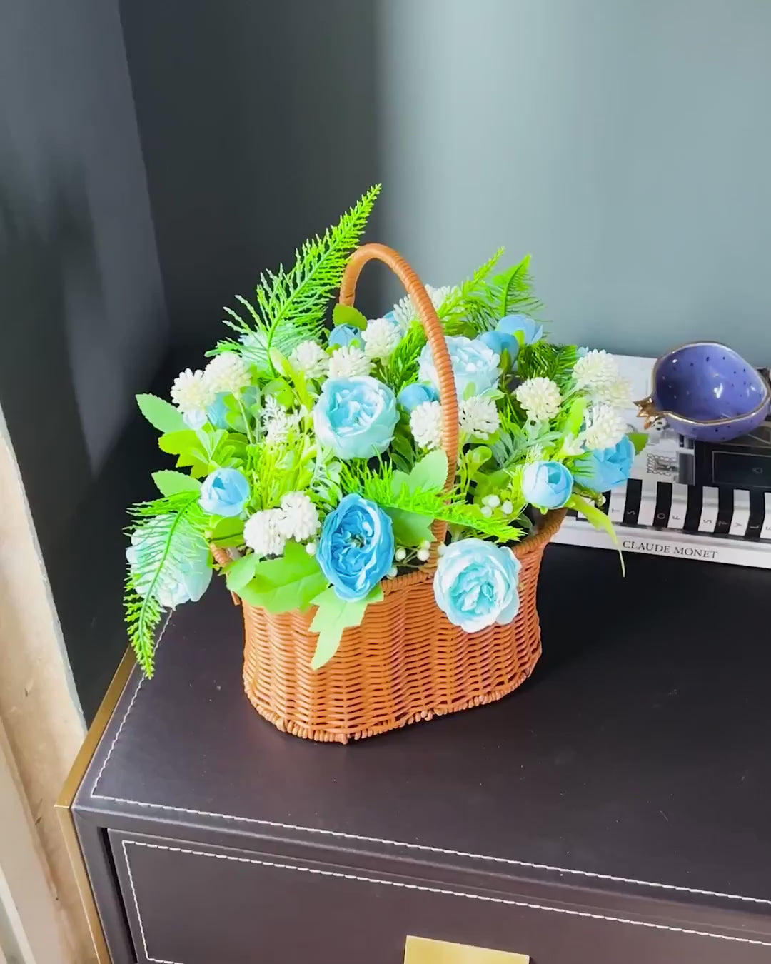 Blushing Artificial Blue Rose Flower Basket