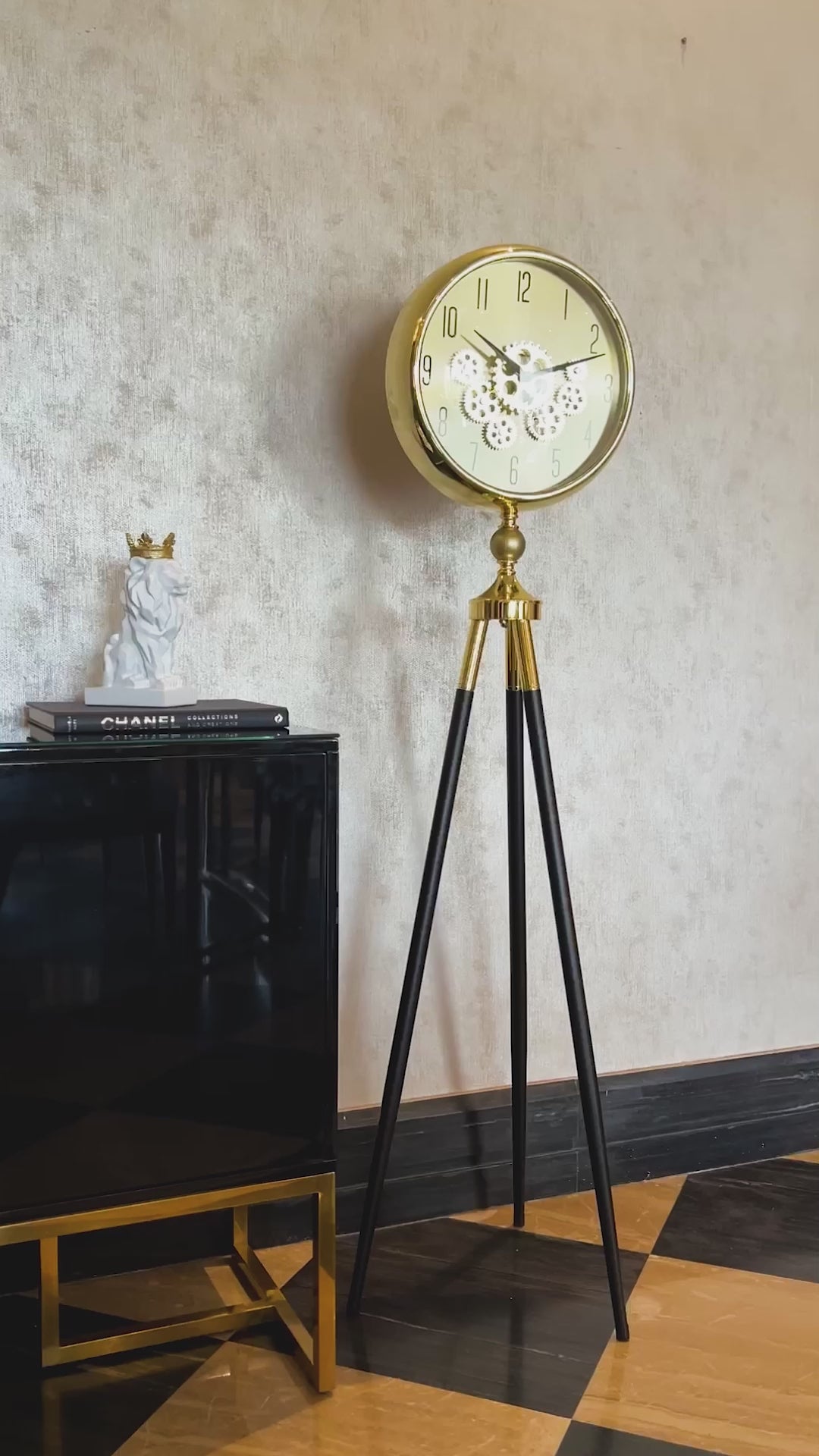 Momentum Dial Tripod Base Luxury Designer Clock With Moving Gear Mechanism