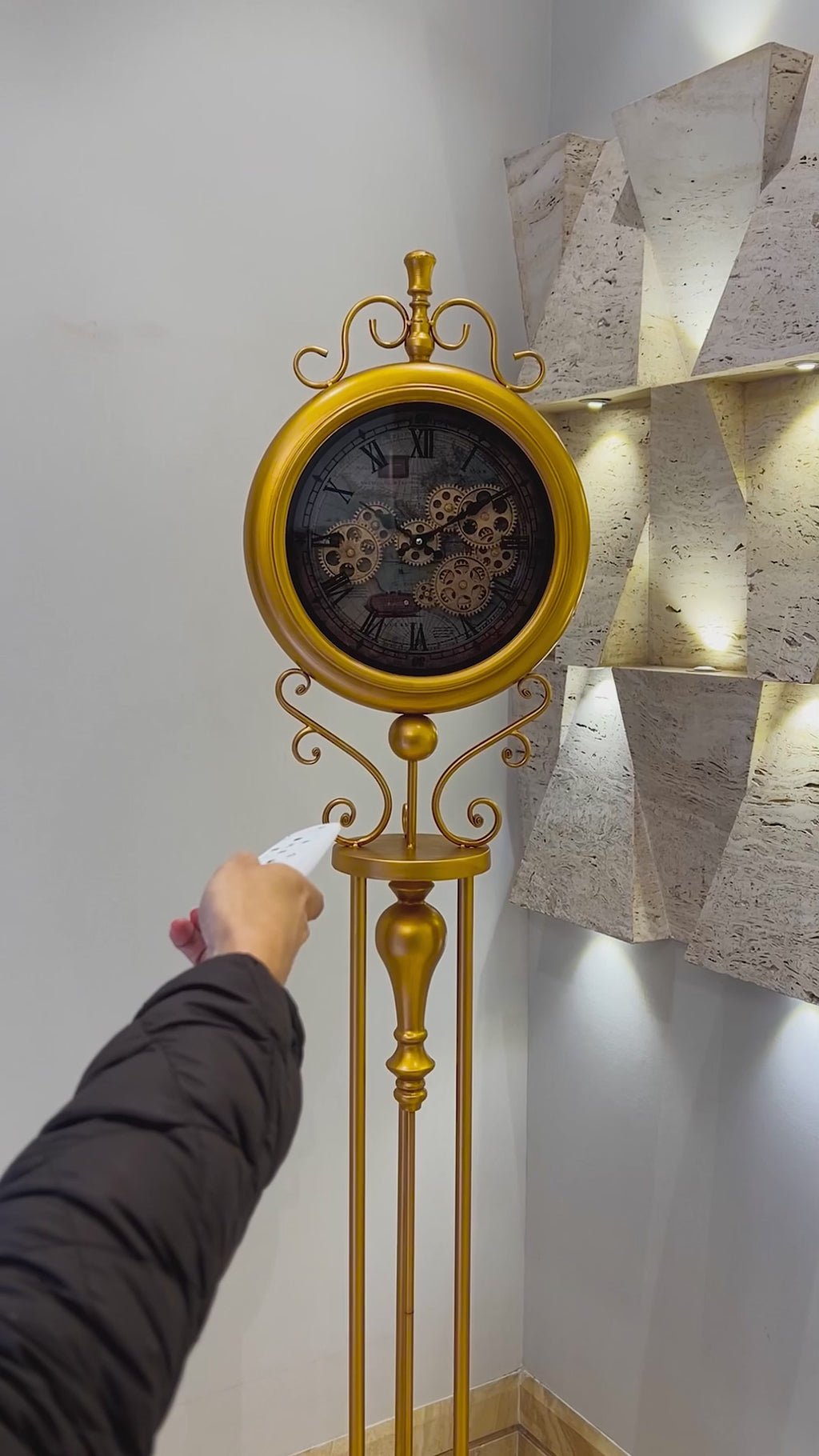 Victorian Timeless Tradition Luxury Designer Silent Movement Standing Clock With Moving Gear Mechanism (Steel Body) (With Light & Remote)