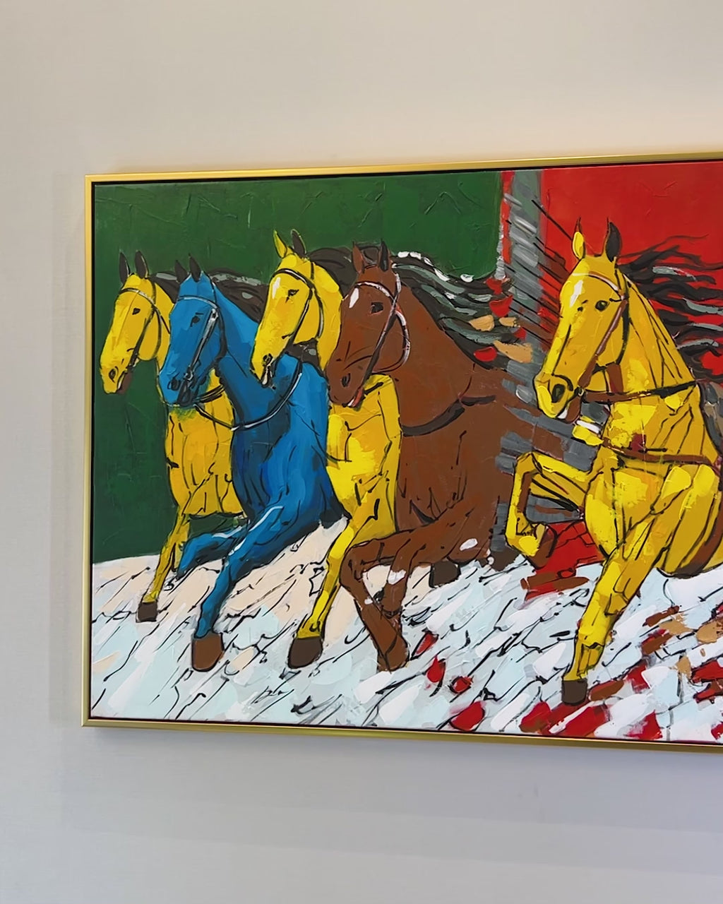 Seven Horses of Fiery Freedom Hand Painted Wall Paintings For Home (With Outer Floater Frame)  (55 x 28 Inches)