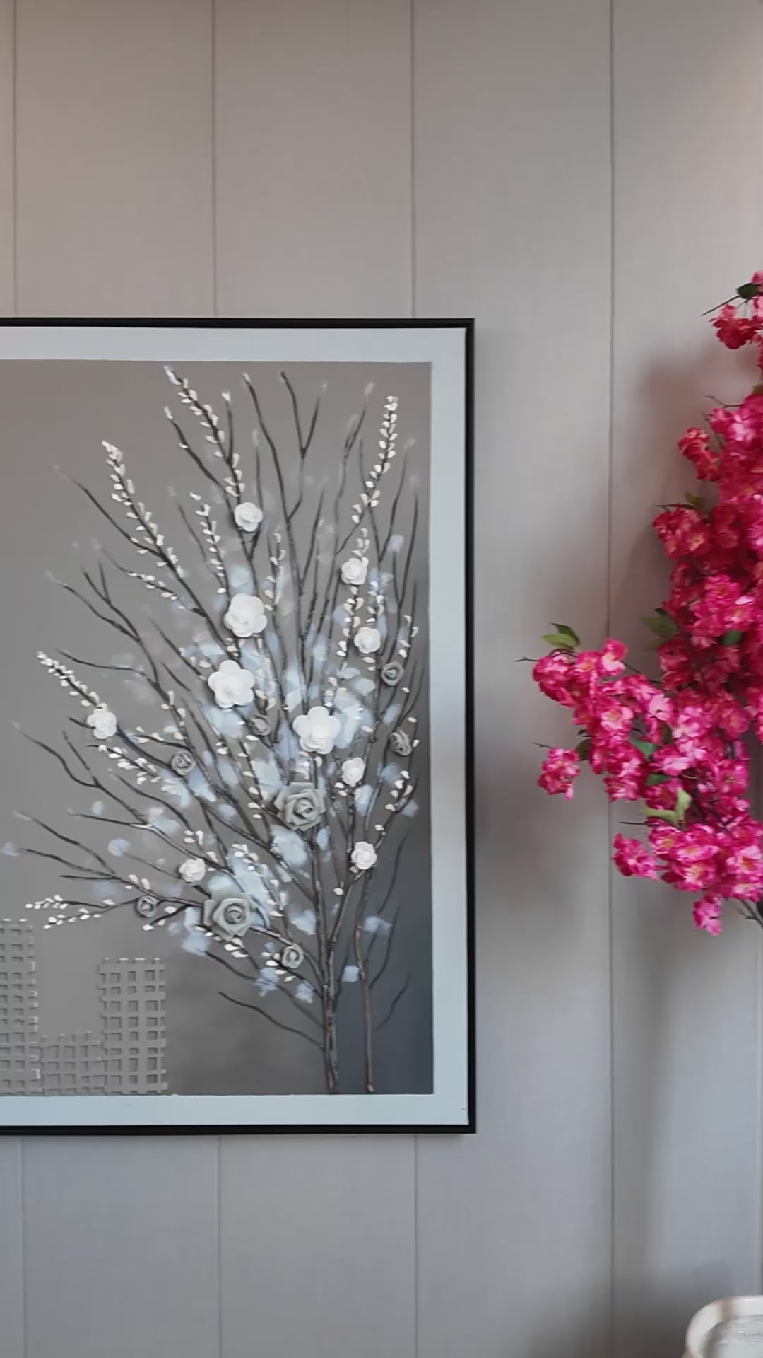 Blooming Skyline Hand painting for Home Wall (With Outer Floater Frame) (47x31.5 Inches)