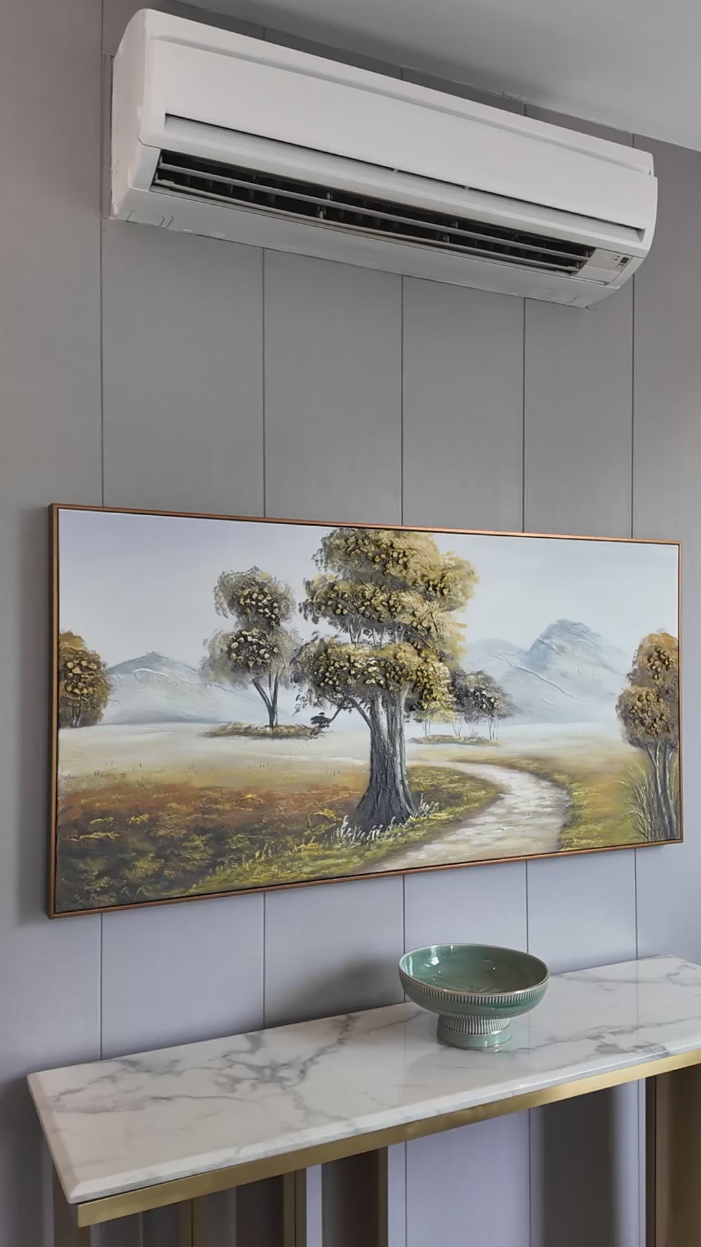Valley Passage Handmade Nature Painting For Home (With Golden Outer Floater Frame ) (27.5x55 Inches)