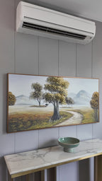 Valley Passage Handmade Nature Painting For Home (With Golden Outer Floater Frame ) (27.5x55 Inches)