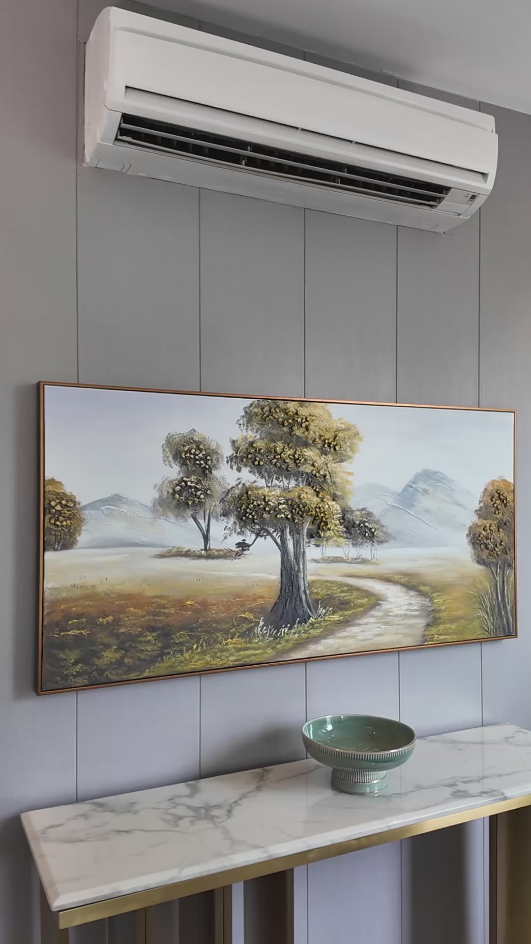 Valley Passage Handmade Nature Painting For Home (With Golden Outer Floater Frame ) (27.5x55 Inches)