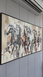 Together They Run - The Seven Running Horse Handmade painting for Home & Wall Decoration Item (With Outer Floater Frame) (27.5x55 Inches)