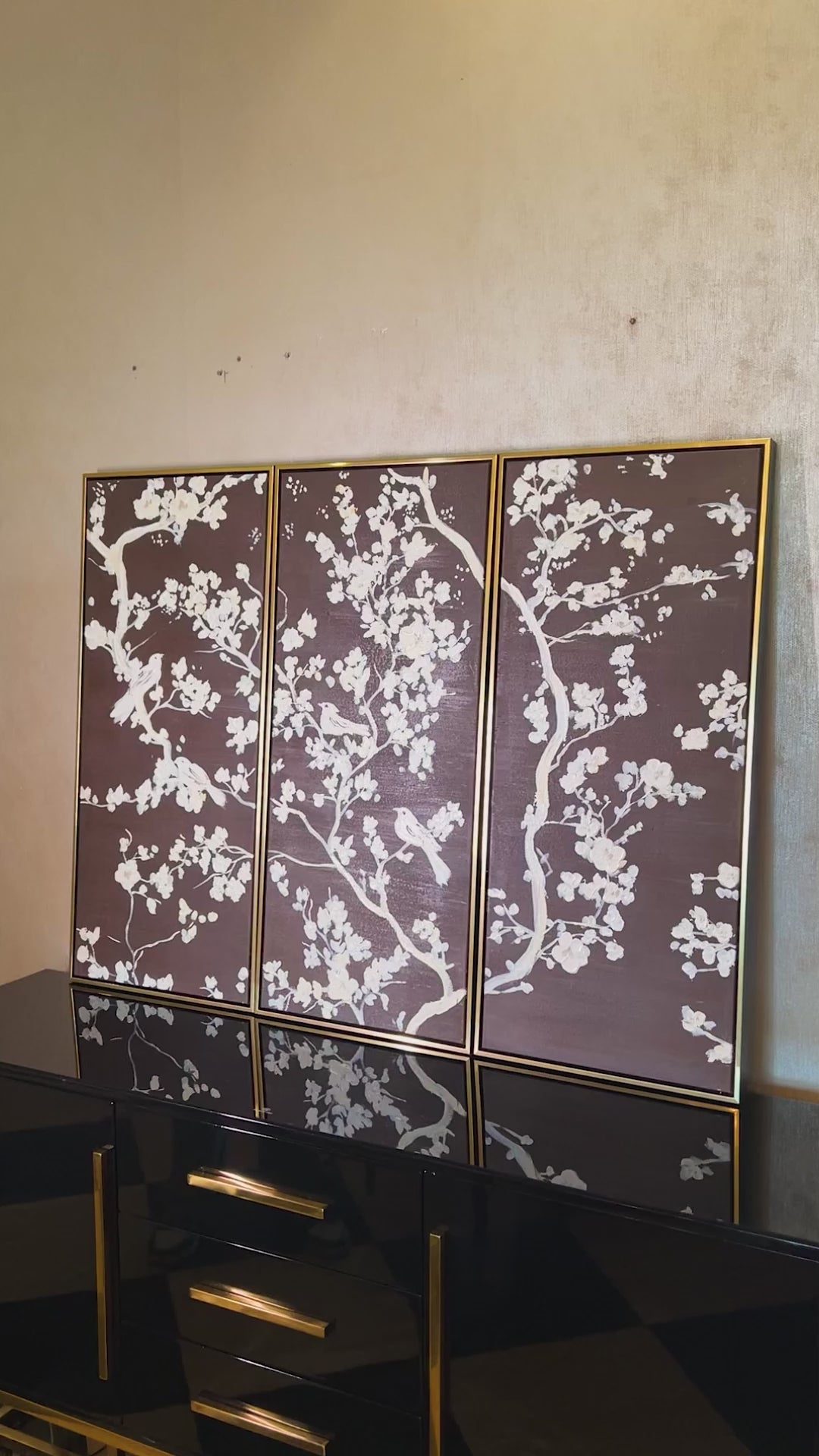 Tranquil Sparrow Symphony 100% Hand Painted Wall Painting (With Golden Outer Floater Frame frame)