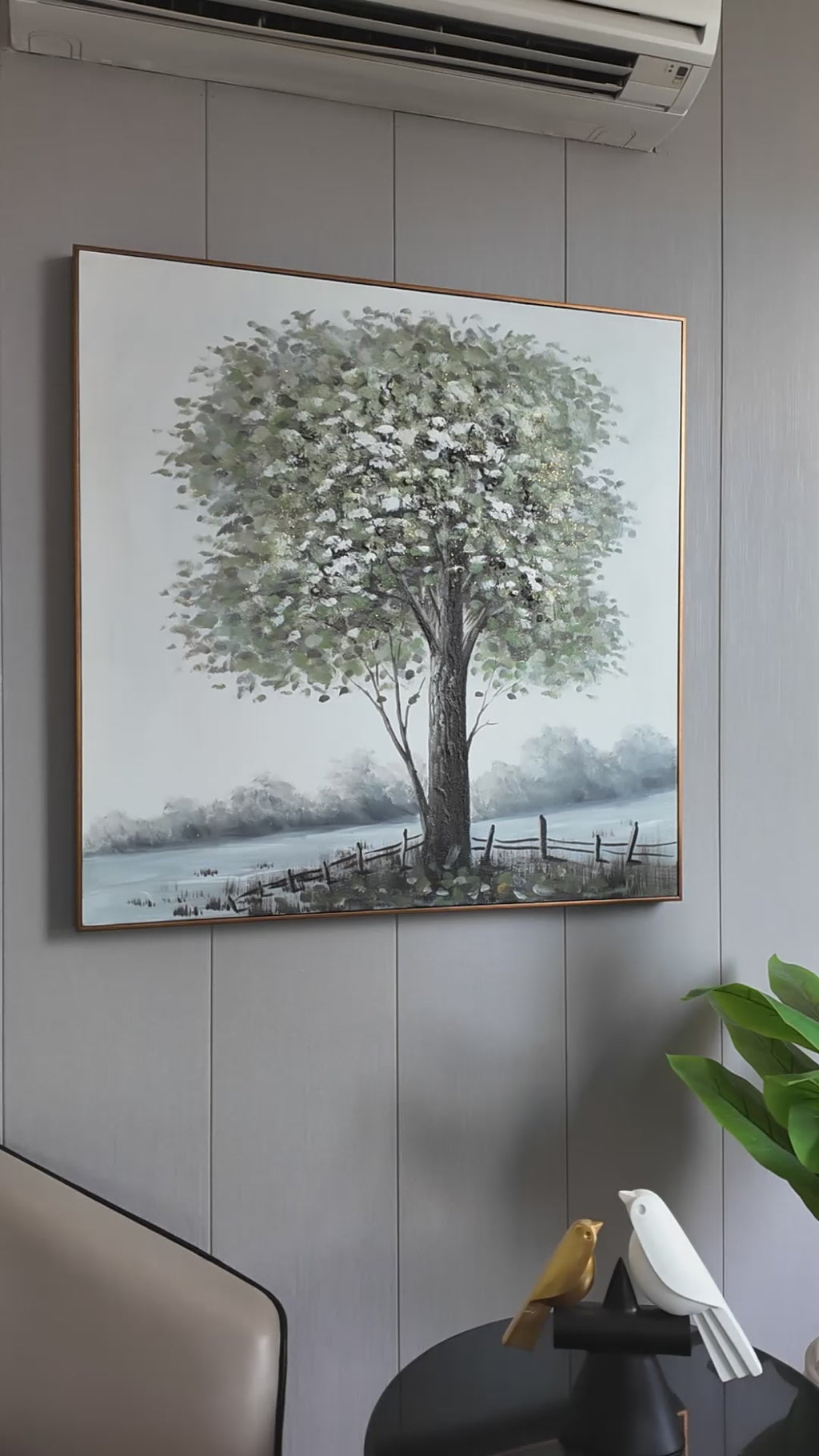 Beyond the Fence 100% Handmade Nature Painting For Home (With Golden Outer Floater Frame frame) (39.5x39.5 Inches)
