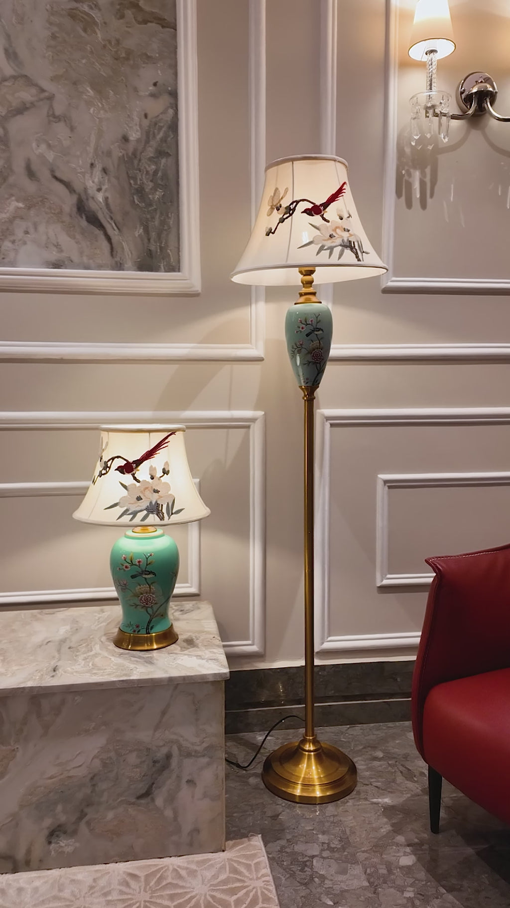 Alabama Floral Base Tall Floor & Celestial Shine Designer Table Lamp - Combo (Bird Shade)