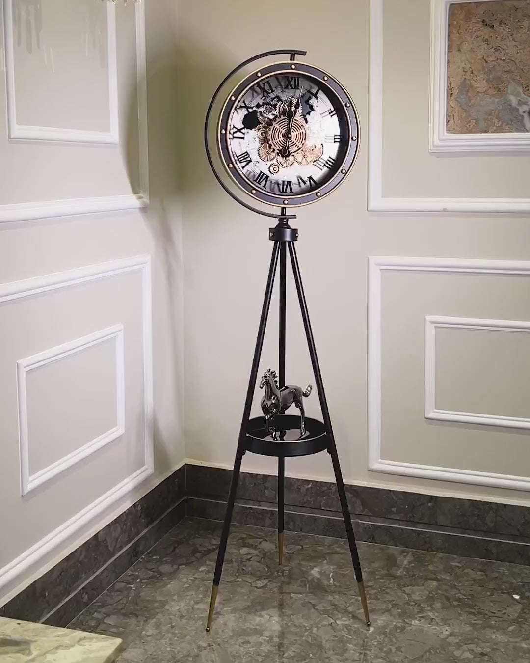 Moon Phase Tripod Base Luxury Designer Floor Clock With Moving Gear Mechanism (Black) (Steel Body)
