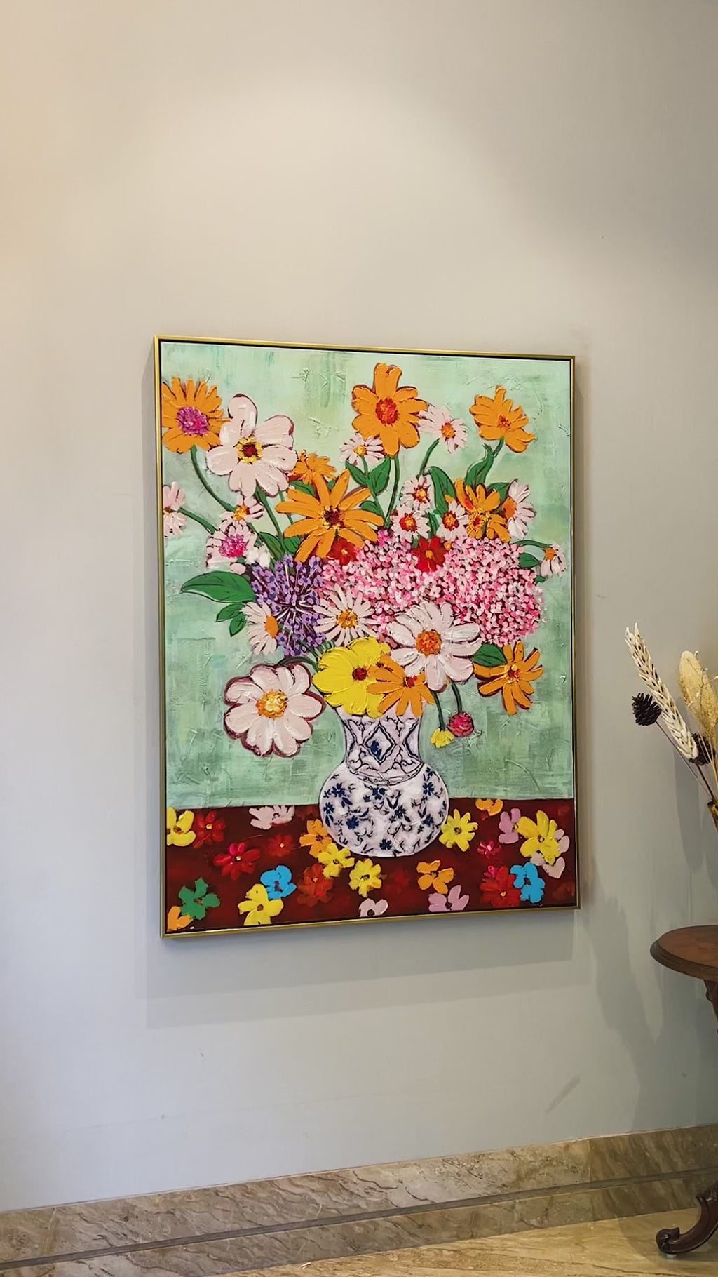 Charming Floral Haven 100% Hand Painted Wall Painting & Wall Decor Item (With outer Floater Frame)  (47x35.5 Inches)