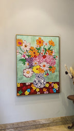 Charming Floral Haven 100% Hand Painted Wall Painting & Wall Decor Item (With outer Floater Frame)  (47x35.5 Inches)