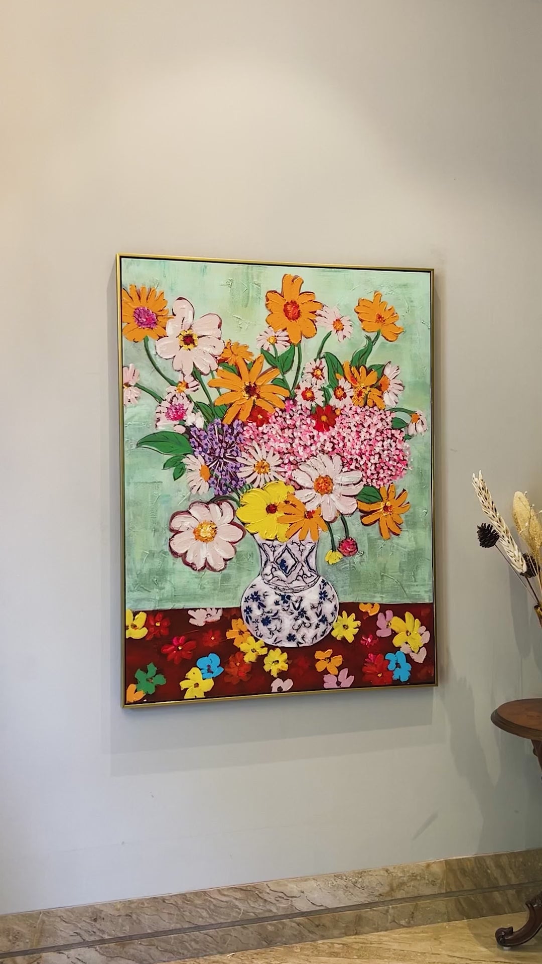 Charming Floral Haven 100% Hand Painted Wall Painting & Wall Decor Item (With outer Floater Frame)  (47x35.5 Inches)