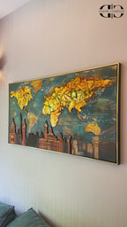Golden World Skylines 100% Hand Painted Wall Painting (With Golden Outer Floater Frame frame) (27.5x55 Inches)
