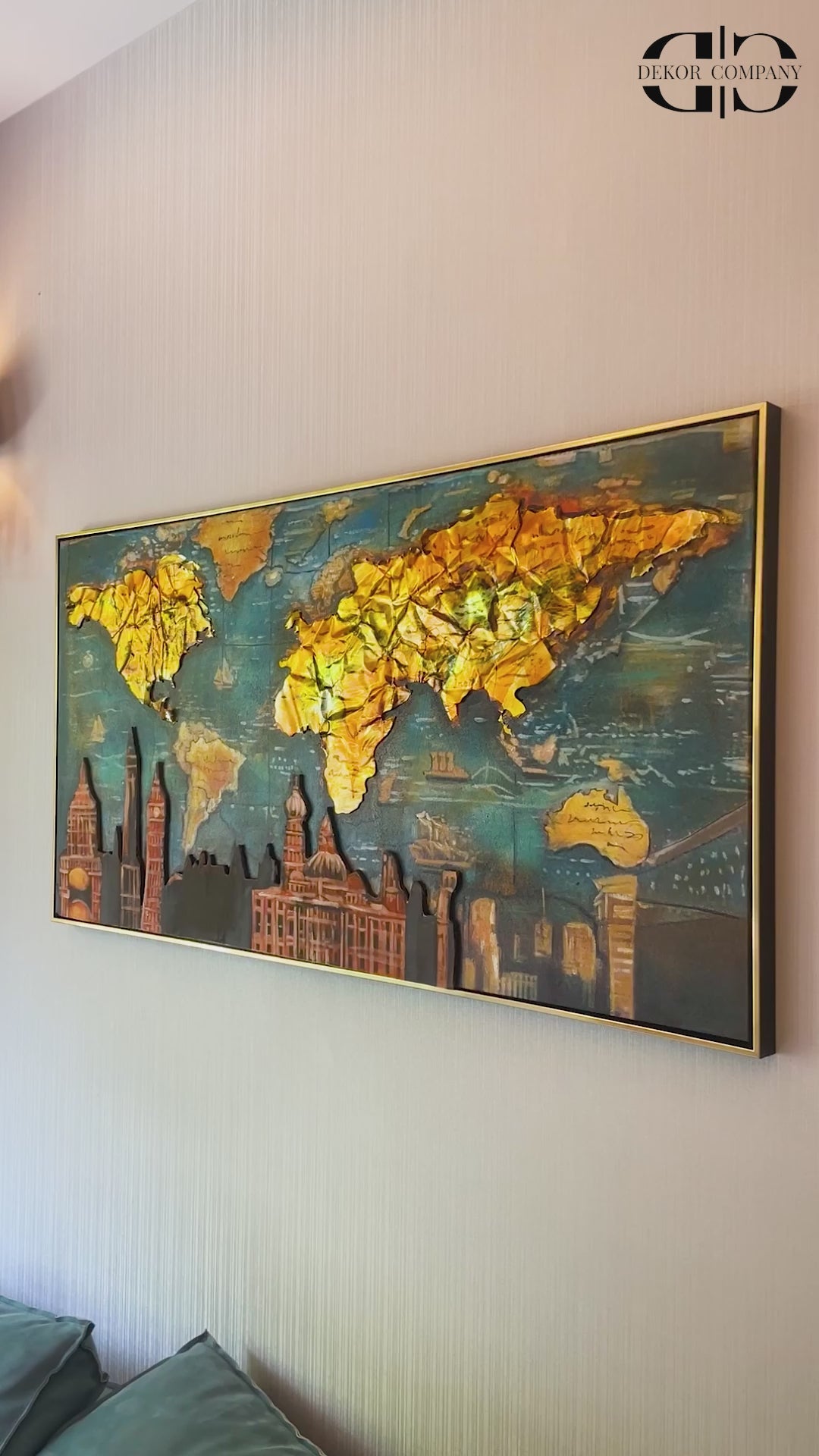 Golden World Skylines 100% Hand Painted Wall Painting (With Golden Outer Floater Frame frame) (27.5x55 Inches)