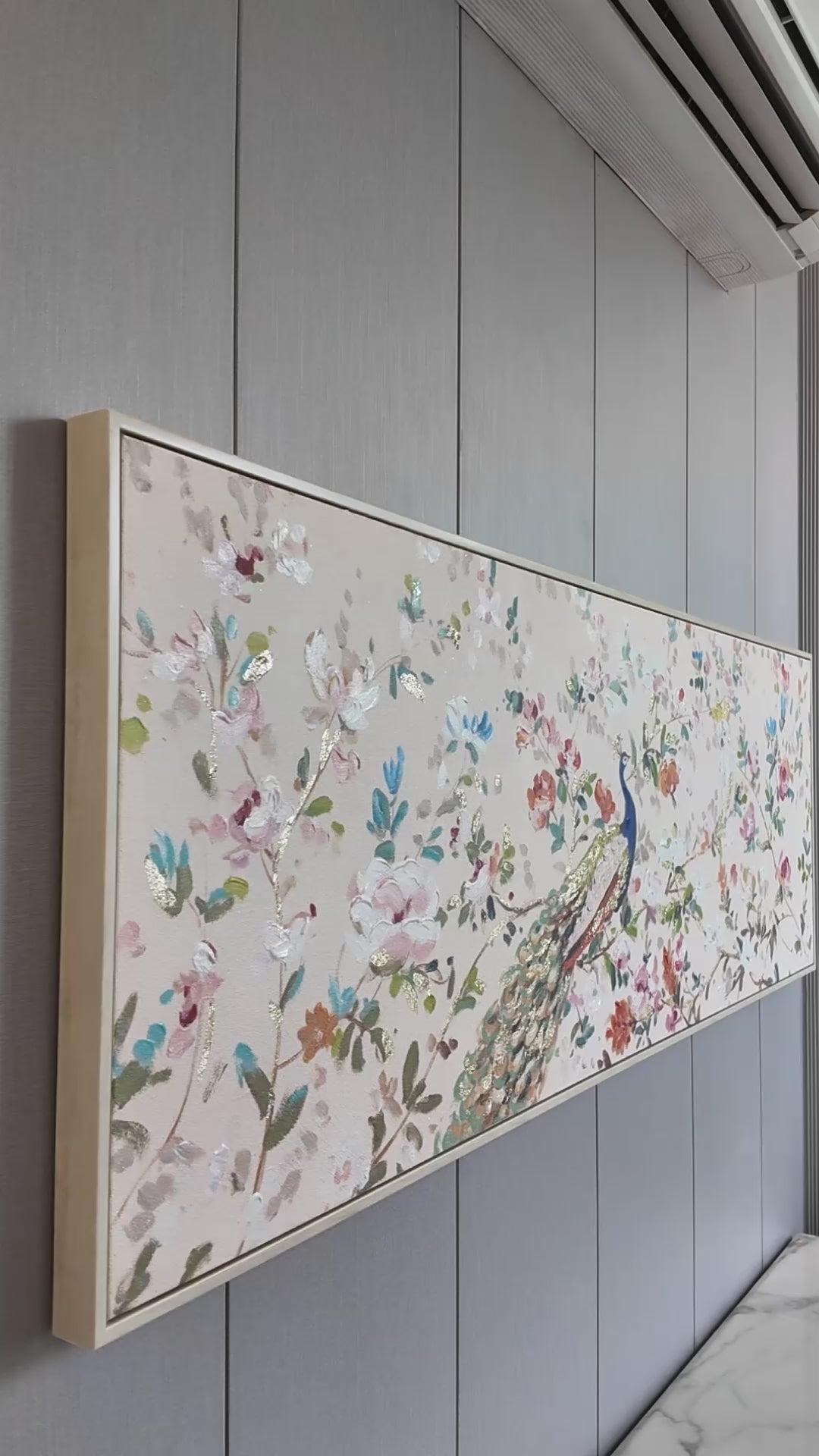 Peacock Meadow Hand painting for Home & Wall Decoration Item (With Outer Floater Frame) (59x19.5 Inches)