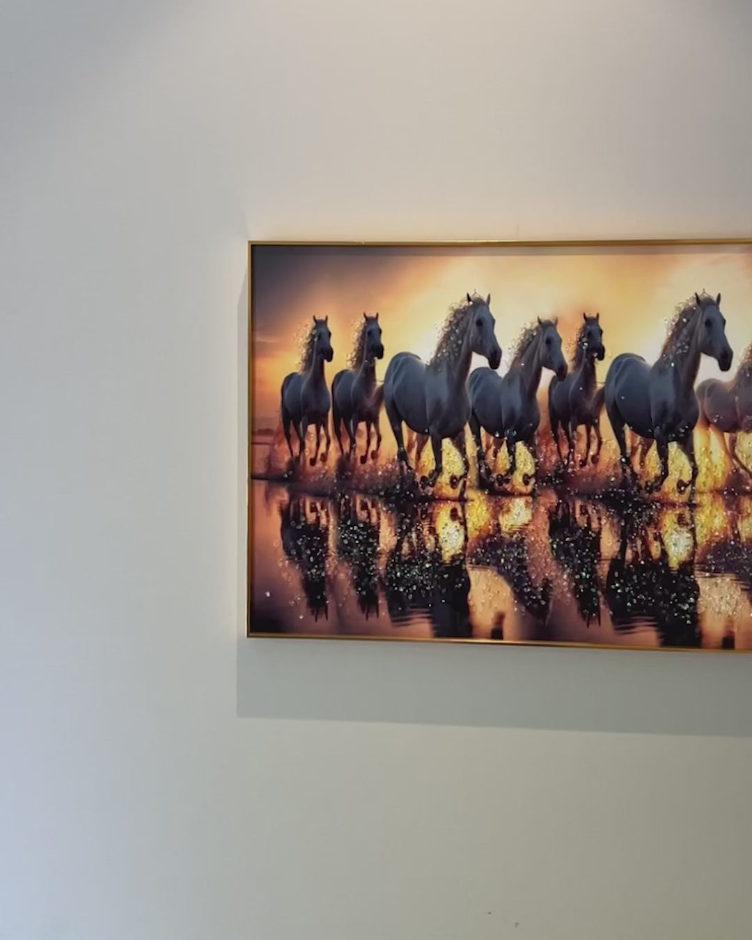 Seven White Running Horses at Sunrise Crystal Glass Painting