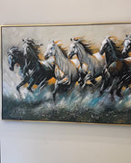 Seven Horses Run Wild 100% Hand Painted Wall Painting(With outer Floater Frame) - Medium (55 x 28 Inches)