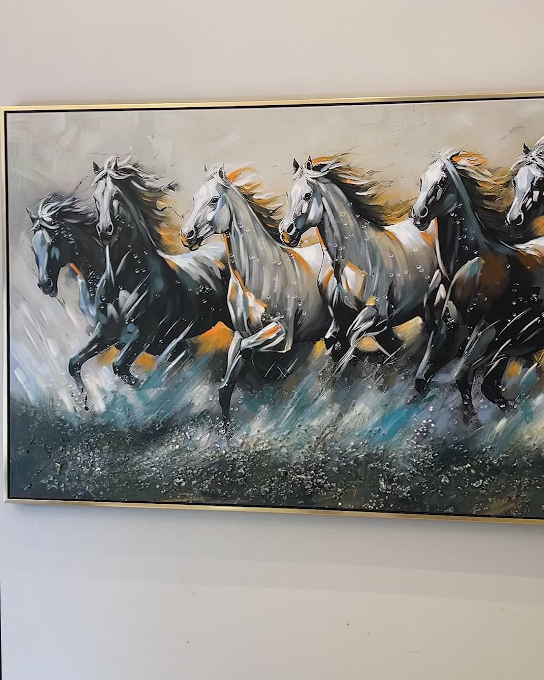 Seven Horses Run Wild 100% Hand Painted Wall Painting(With outer Floater Frame) - Medium (55 x 28 Inches)