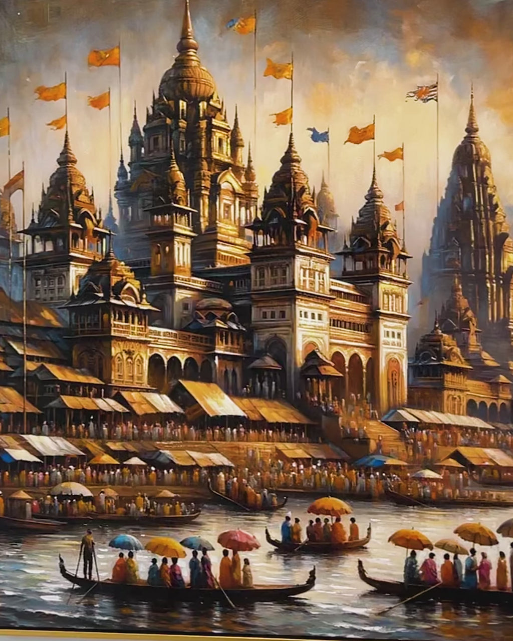 The Divine Banaras Ghats Decorative Hand painting for Home Decor (With outer Floater Frame) (40 x 40 Inches)