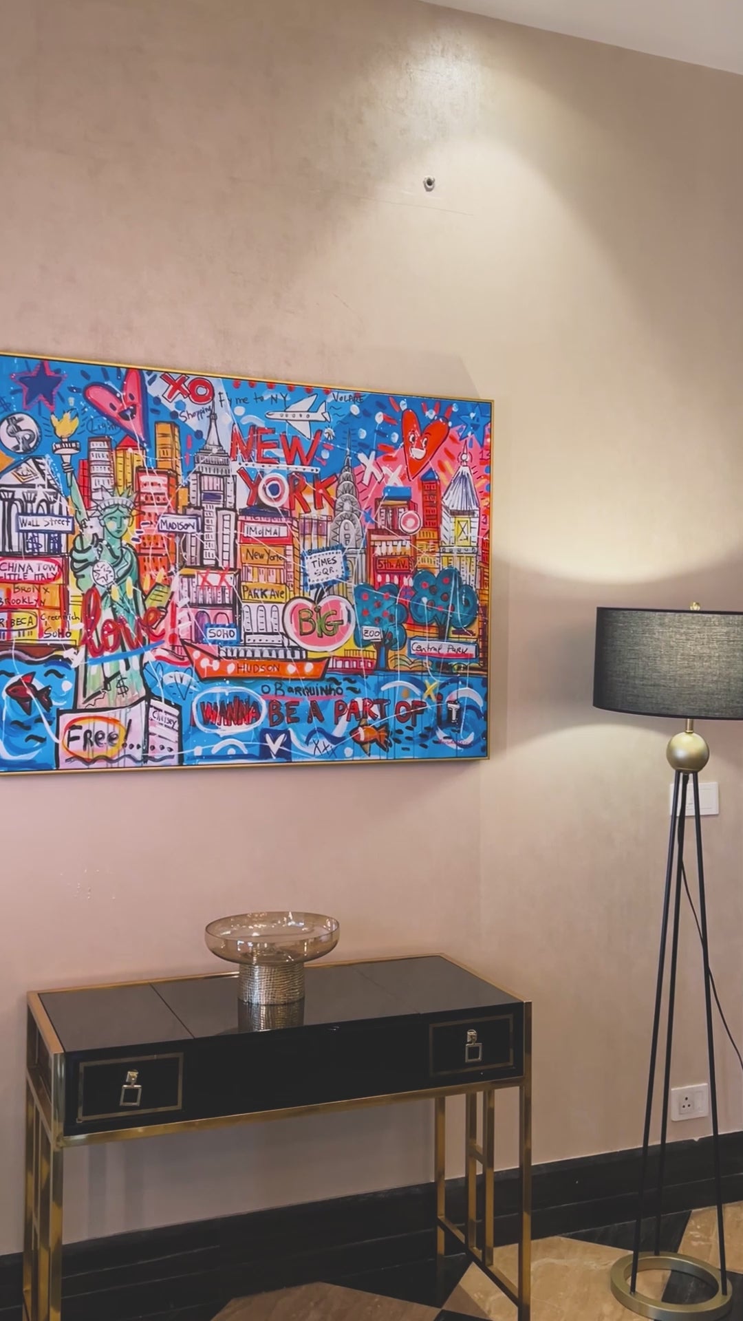 NYC Neon Love: A Vibrant Tribute to Manhattan’s Icons by MERCEDES LAGUNAS 100% Hand Painted Wall Painting (With Outer Floater Frame frame) (35.5 x 47 Inches )