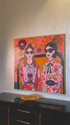 Floral & Feline Fashionistas by MERCEDES LAGUNAS 100% Hand Painted Wall Painting (With Outer Floater Frame frame) ( 39 x 39 Inches )