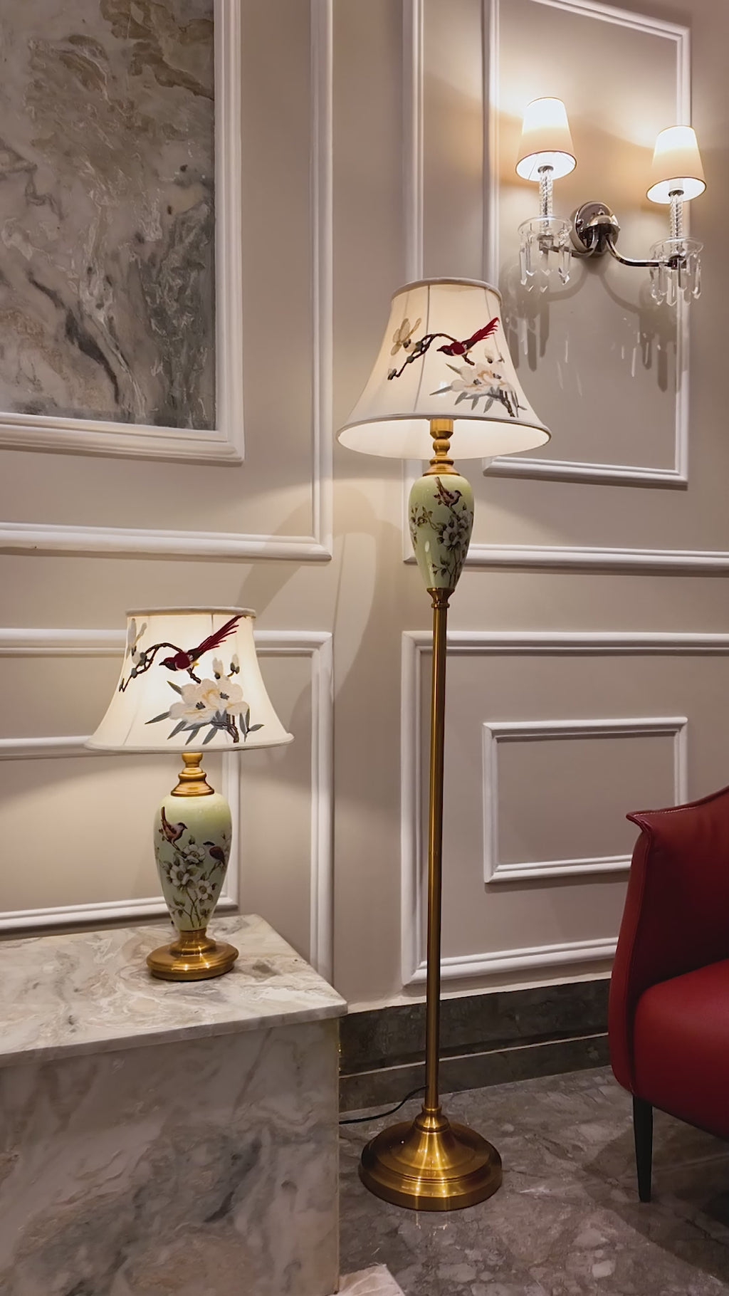 Fiesta Marble Effect Base Decorative Ceramic Floor Lamp (Bird Shade)