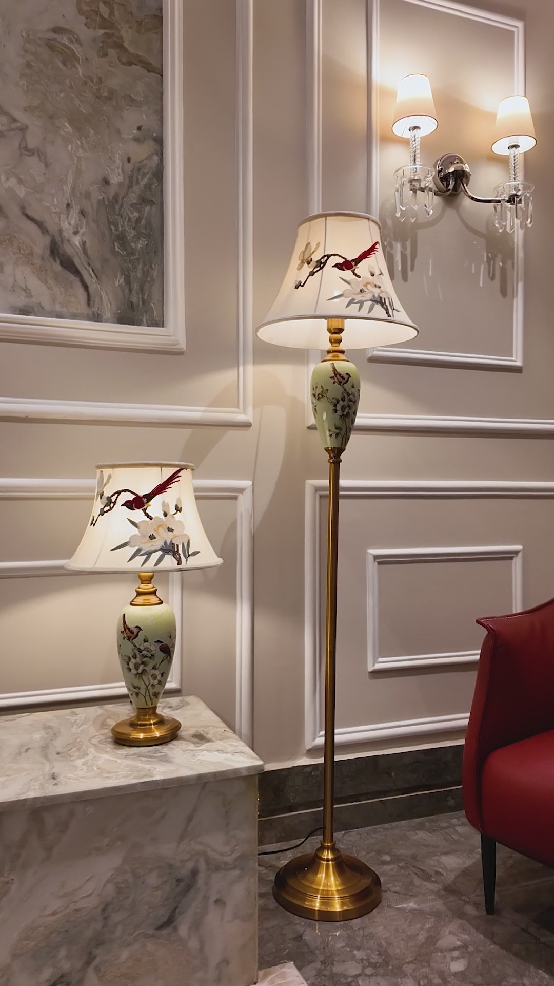 Fiesta Marble Effect Base Decorative Ceramic Floor Lamp (Bird Shade)