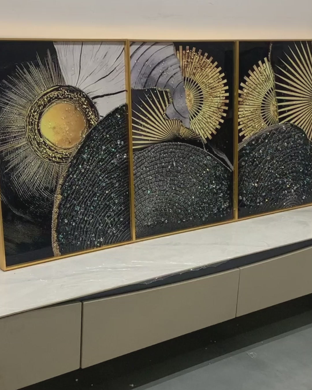 Celestial Glow Crystal Wall Abstract Paintings - Set Of 3