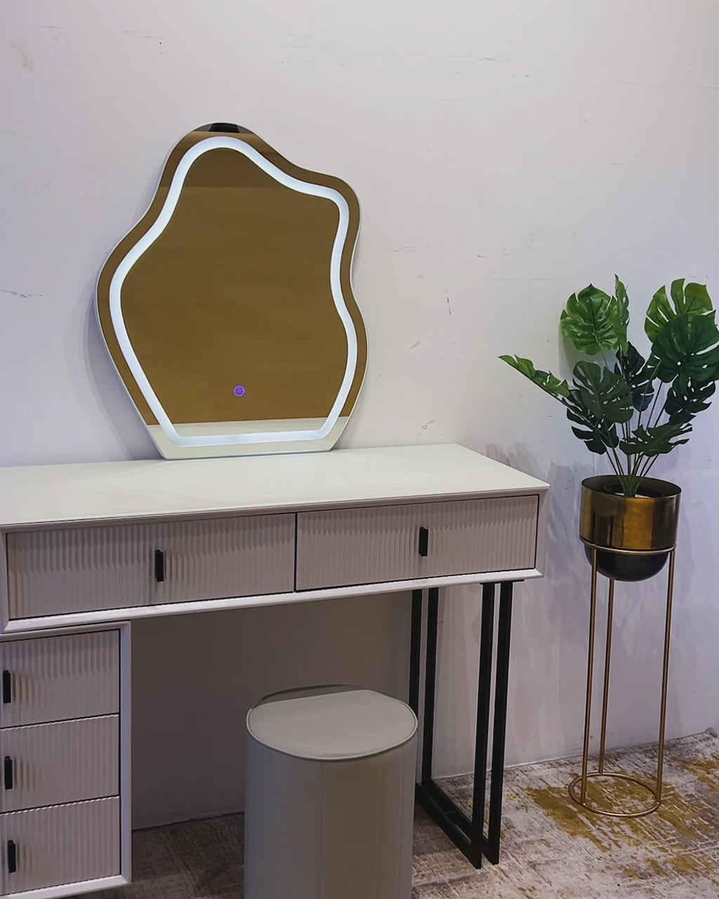 Prismatic Drift Dressing Table & Vanity Set With Mirror & Poof Chair