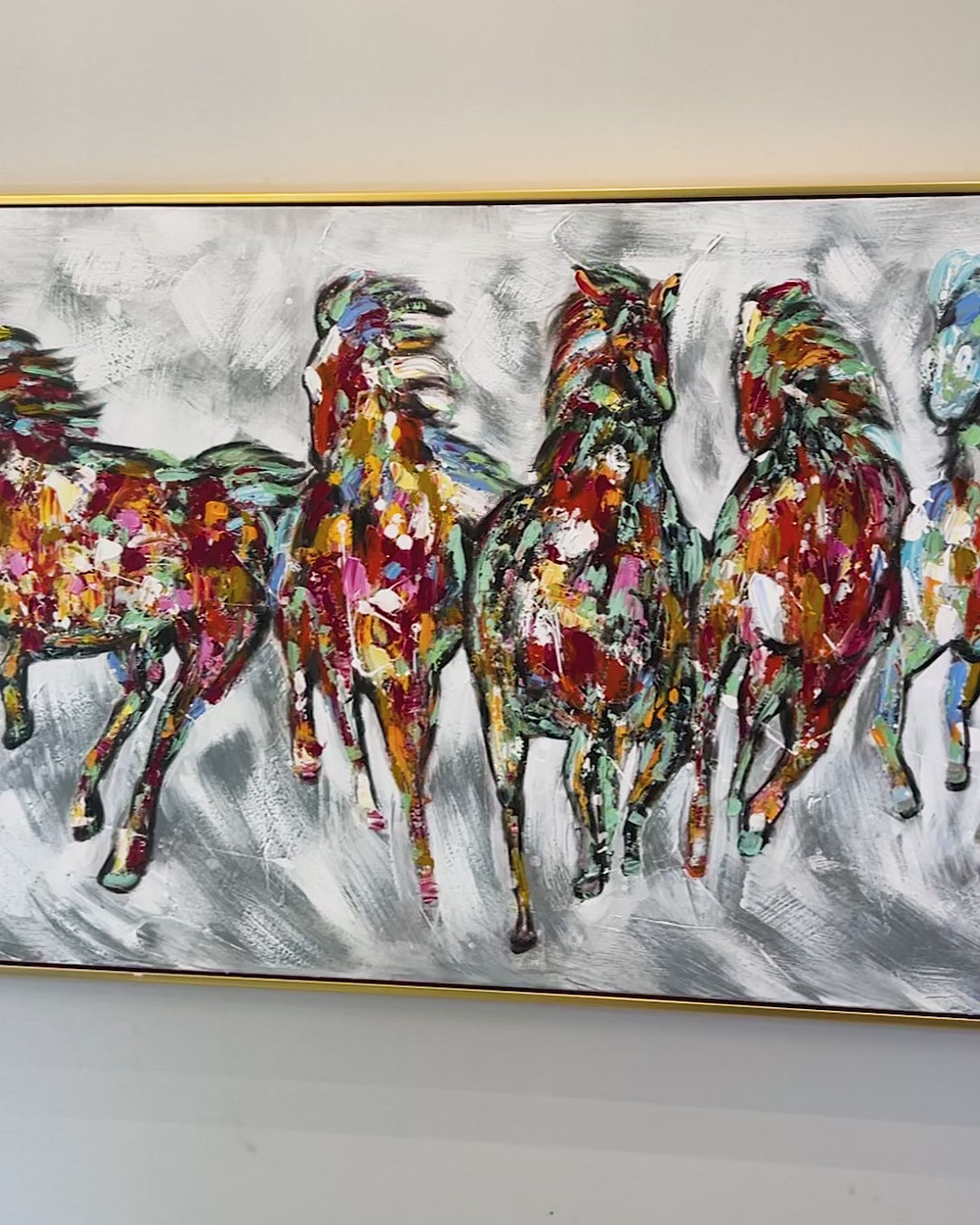 Seven Running Horses 100% Hand Painted Wall Painting(With Outer Floater Frame) (64 x 32 Inches) - Big