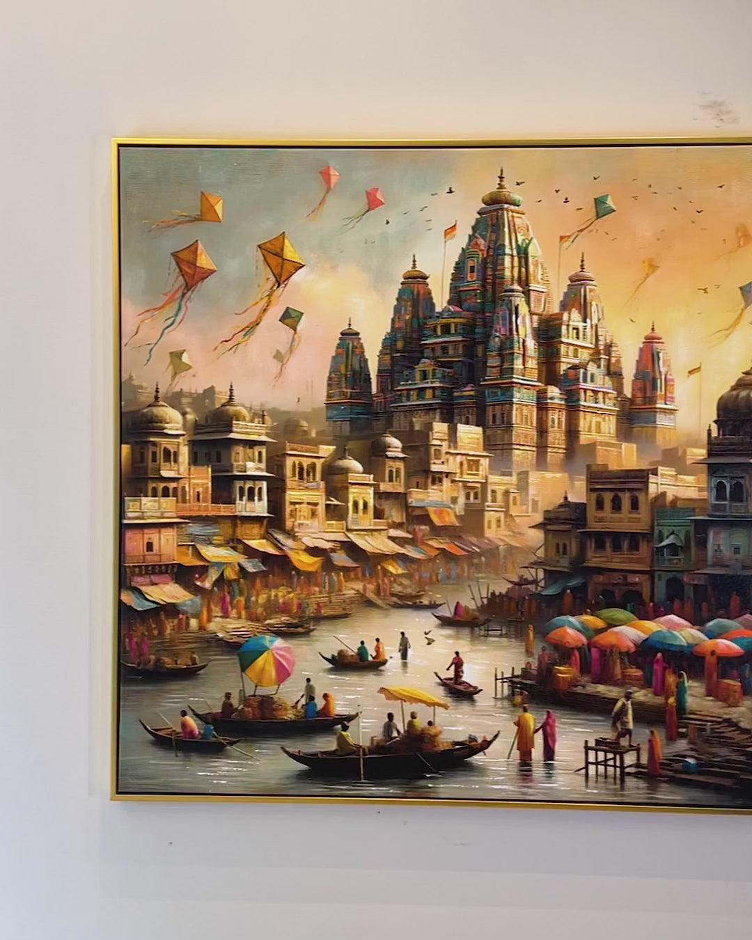 Ganga’s Embrace The Banaras Ghats Decorative Hand painting for Home Decor (With outer Floater Frame)  (40 x 40 Inches)