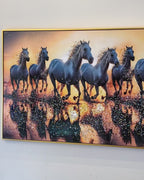 Seven White Running Horses at Sunrise Wall Painting For Home (Comes With an Outer Floater Frame) (63 x 32 Inches) (N)