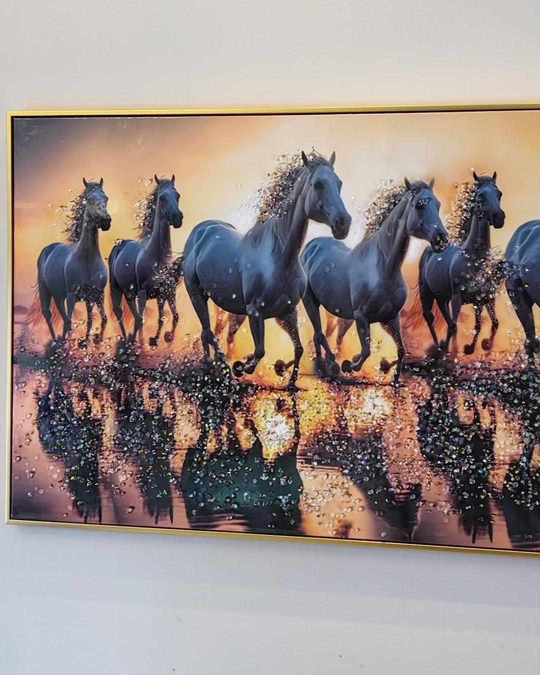 Seven White Running Horses at Sunrise Wall Painting For Home (Comes With an Outer Floater Frame) (63 x 32 Inches) (N)