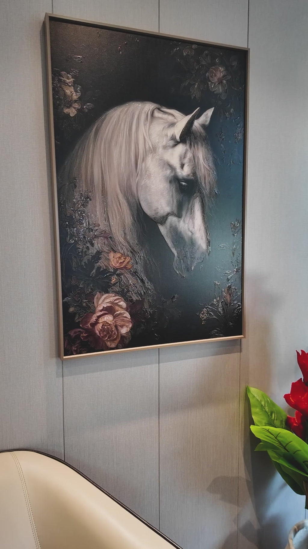 Graceful White Horse Embossed Wall Painting for Home & Item for Wall Decoration ( 35.5 x 23.5 Inches )