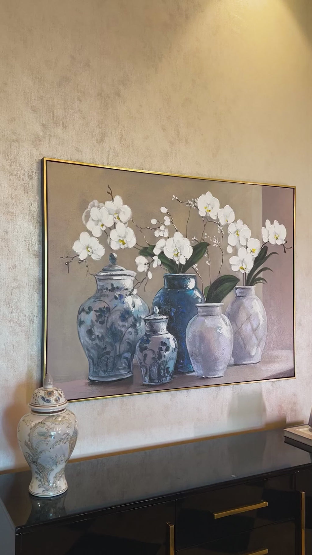 Orchid Vase Harmony 100% Hand Painted Wall Painting & Wall Decor Item (With outer Floater Frame) (47x35.5 Inches)