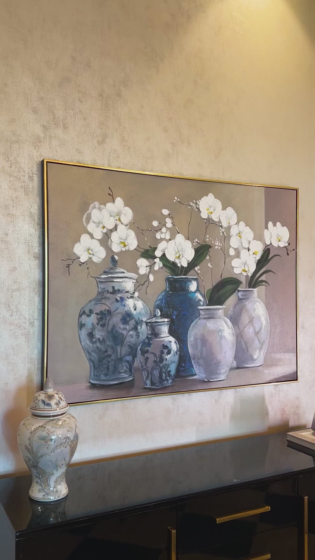 Orchid Vase Harmony 100% Hand Painted Wall Painting & Wall Decor Item (With outer Floater Frame) (47x35.5 Inches)
