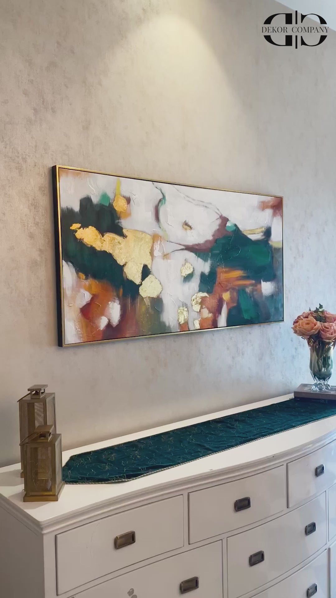 The Artistic Green & Gold Foil 100% Hand painted Decorative Wall Painting Art (With Outer Floater Frame) (28 x 56 Inches)