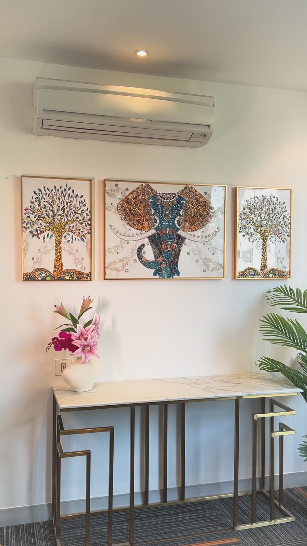 The Udaipur Elephant Framed Crystal Glass Wall Paintings For Home - Set of 3 (Pearl Work)