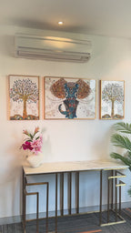 The Udaipur Elephant Framed Crystal Glass Wall Paintings For Home - Set of 3 (Pearl Work)
