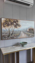 Path to the Hills Handmade Nature Painting For Home (With Golden Outer Floater Frame ) (27.5x55 Inches)