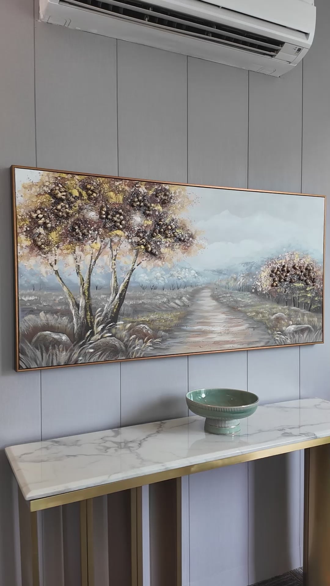 Path to the Hills Handmade Nature Painting For Home (With Golden Outer Floater Frame ) (27.5x55 Inches)