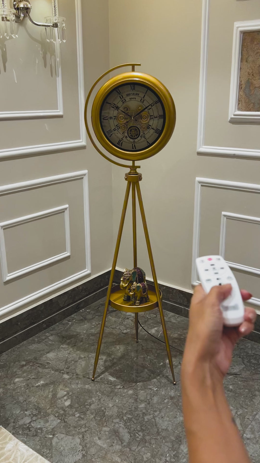 Mystic Motion Tripod Base Luxury Designer Silent Movement Floor Clock With Moving Gear Mechanism Buy Floor Clock Online (With Light and Remote) (Steel Body) - White