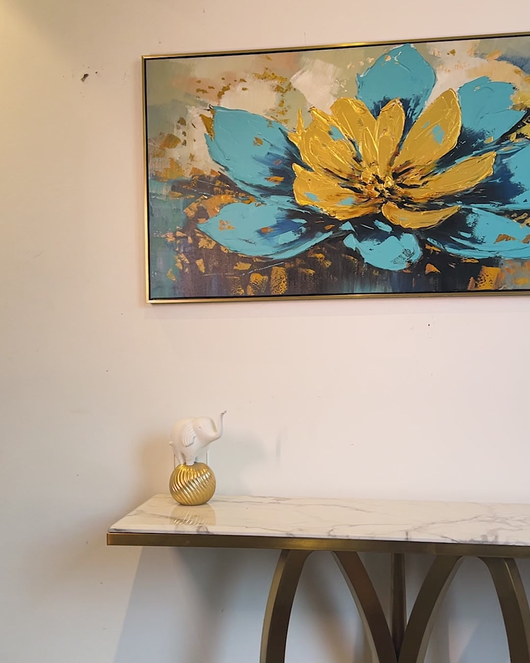 Golden Lotus Bloom 100% Hand Painted Wall Painting & Wall Decor Item (With outer Floater Frame)