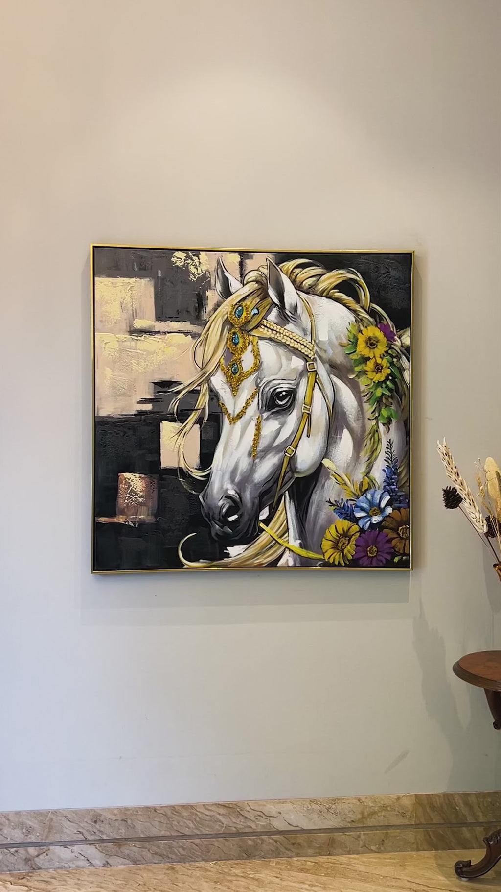 The Royal Equine Hand painting painting for home Wall (With Outer Floater Frame) (40x40 Inches)