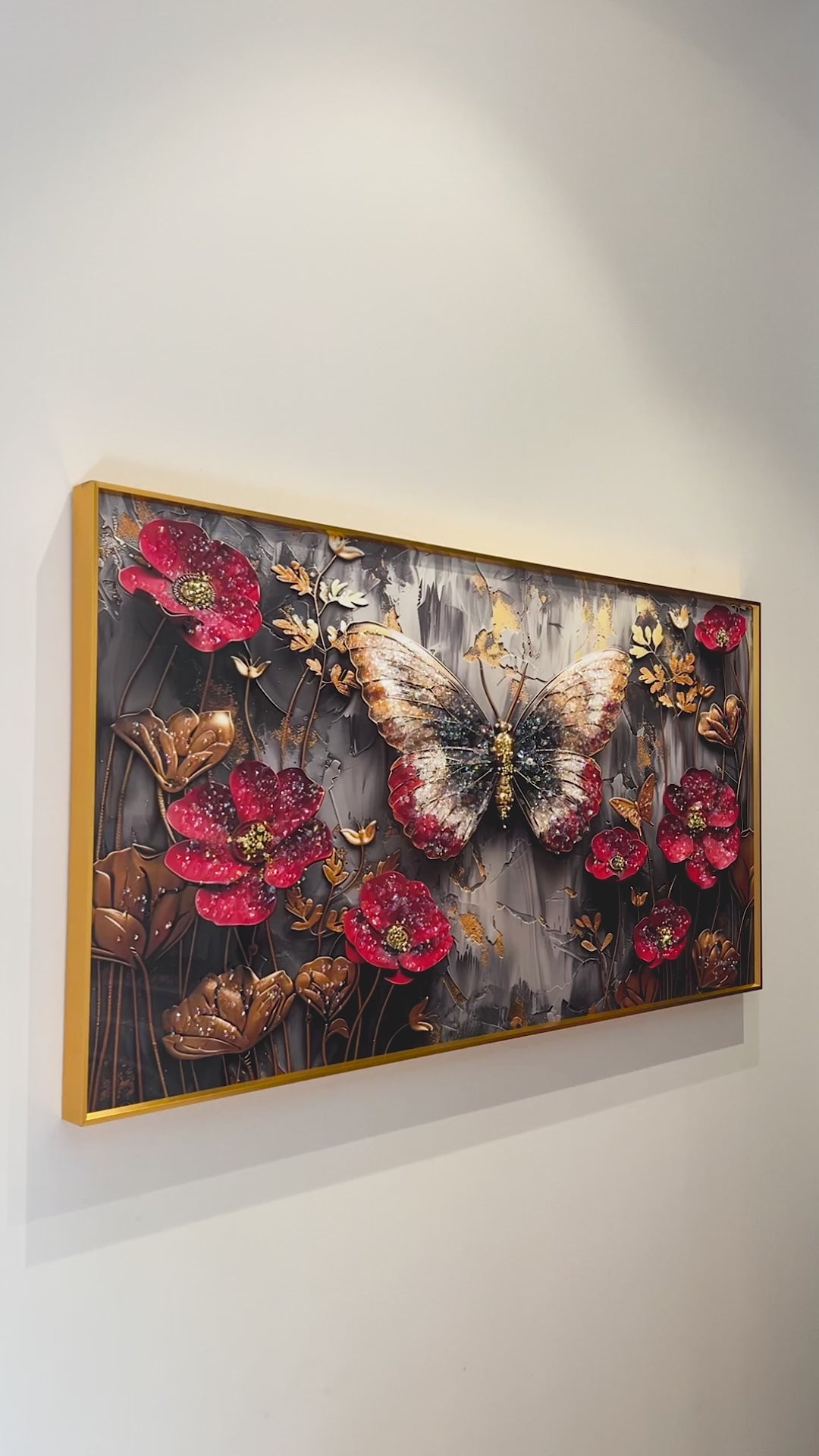 Red Bloom Butterfly Crystal Glass Framed Wall Paintings For Home & Wall Decoration items