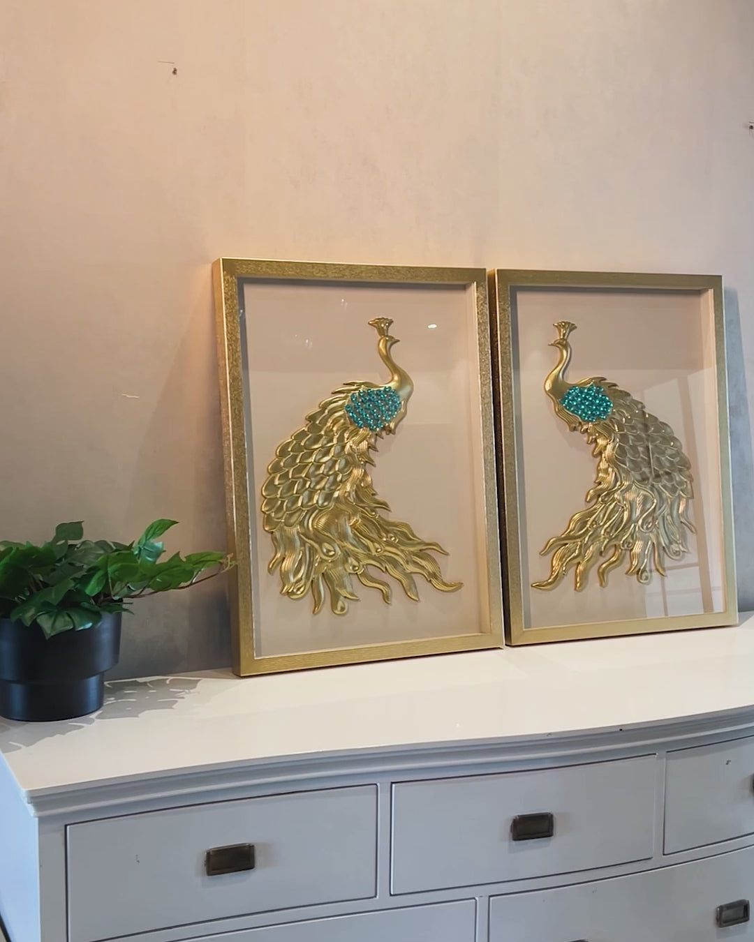 Royal Golden Peacock Shadow Box for Wall Decoration - Set of 2