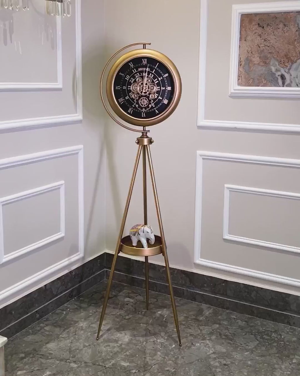 Mystic Motion Tripod Base Luxury Designer Floor Clock With Moving Gear Mechanism Buy Floor Clock Online (Steel Body) - Black